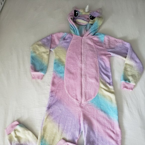 Ladies unicorn one piece pajama, rainbow pastels, zip front with hood, size XS - Picture 1 of 2